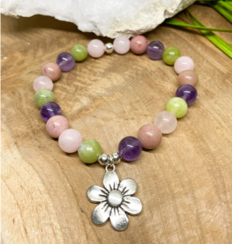 Bracelet Lithothérapie en pierres naturelles Améthyste, Péridot , quartz rose