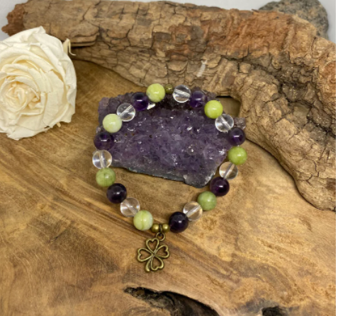 Bracelet Lithothérapie en pierres naturelles Améthyste, Péridot et Cristal de roche