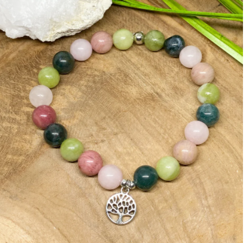 Bracelet Lithothérapie en pierres naturelles Agate mousse, Péridot, Quartz rose et rhodochrosite