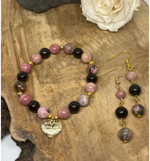 Parure 2 pièces Bracelet et Boucles d'oreilles en Pierres naturelles Obsidienne noire, Rhodochrosite et Rhodonite