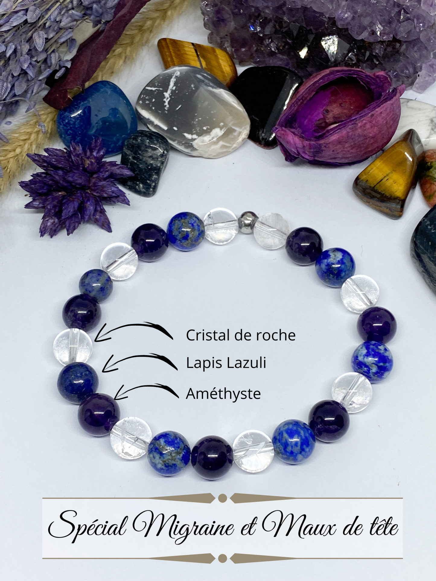 Bracelet anti-migraine : Lapis-Lazuli, Améthyste et Cristal de Roche pour un soulagement naturel