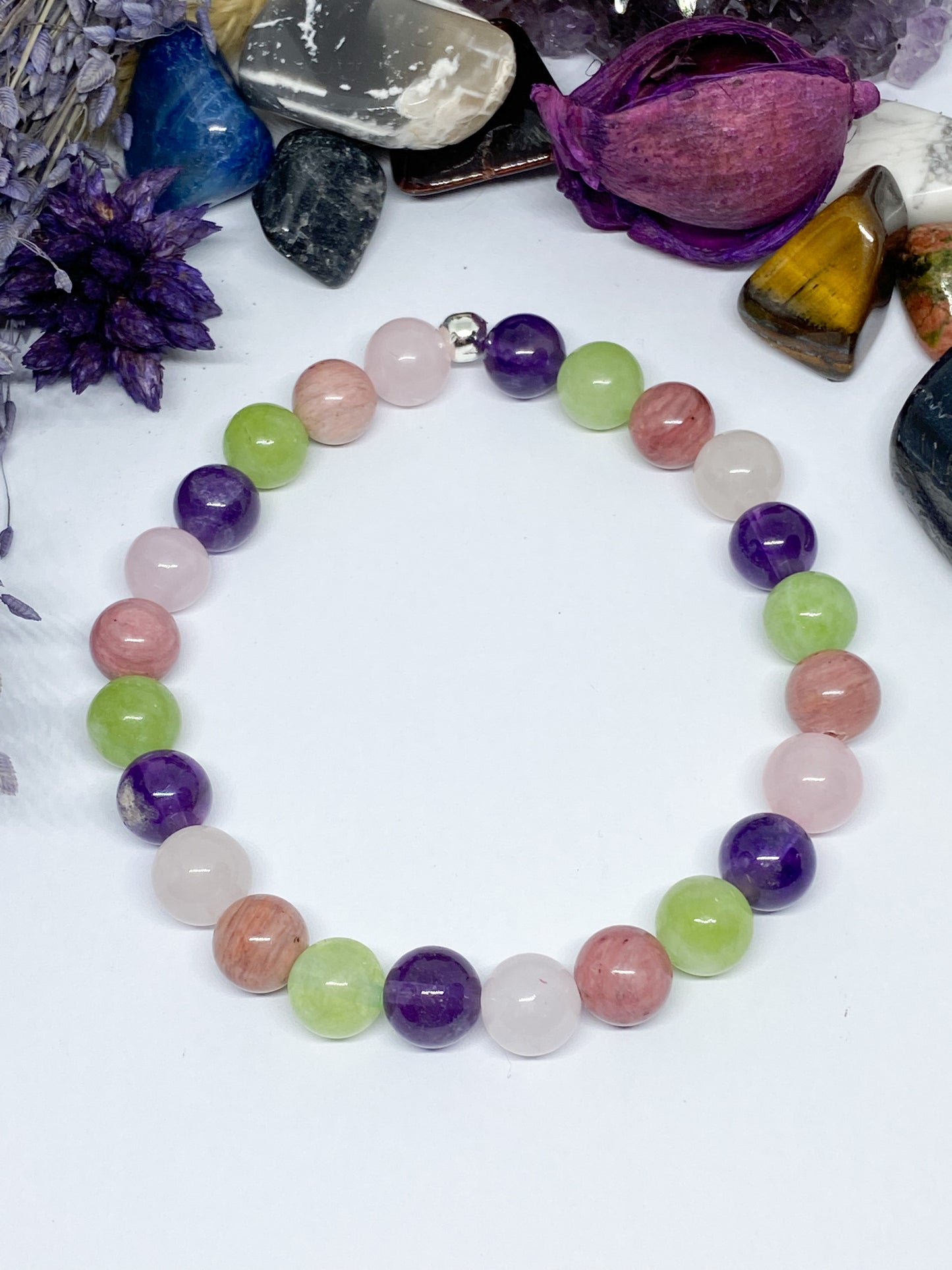 Bracelet Améthyste, Péridot , quartz rose et rhodochrosite