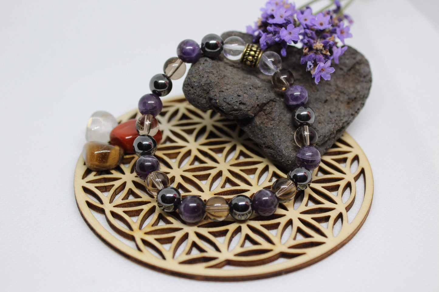 Bracelet pierres naturelles Améthyste , Quartz fumé , Hématite et Cristal de roche