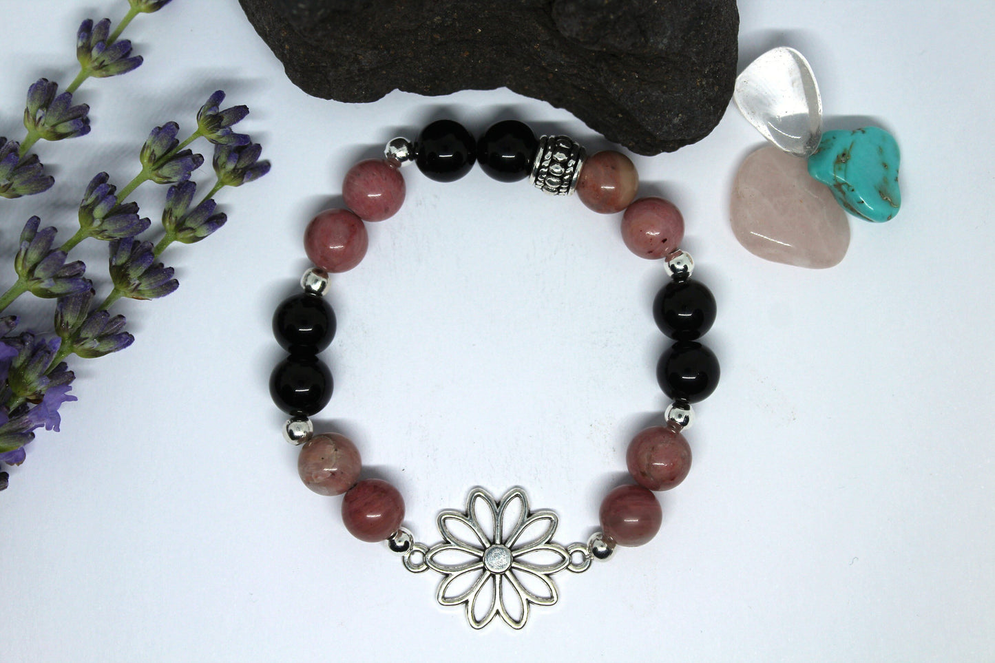 Bracelet en pierres naturelles , Rhodochrosite et Obsidienne noir