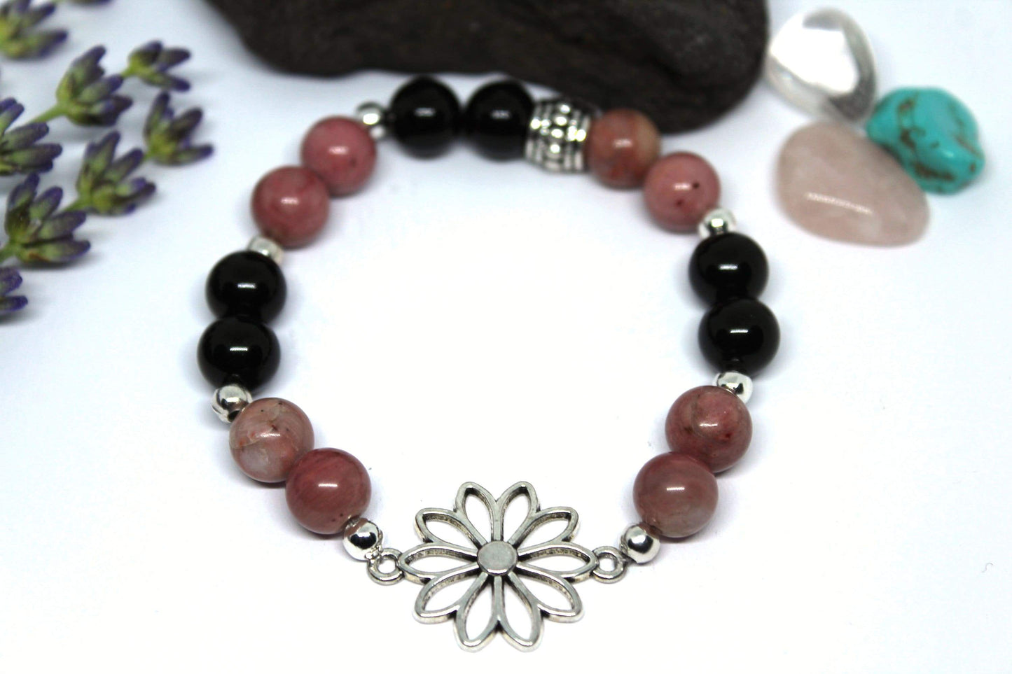 Bracelet en pierres naturelles , Rhodochrosite et Obsidienne noir