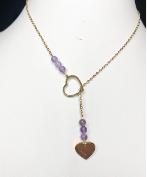 Collier améthyste violet cœur doré