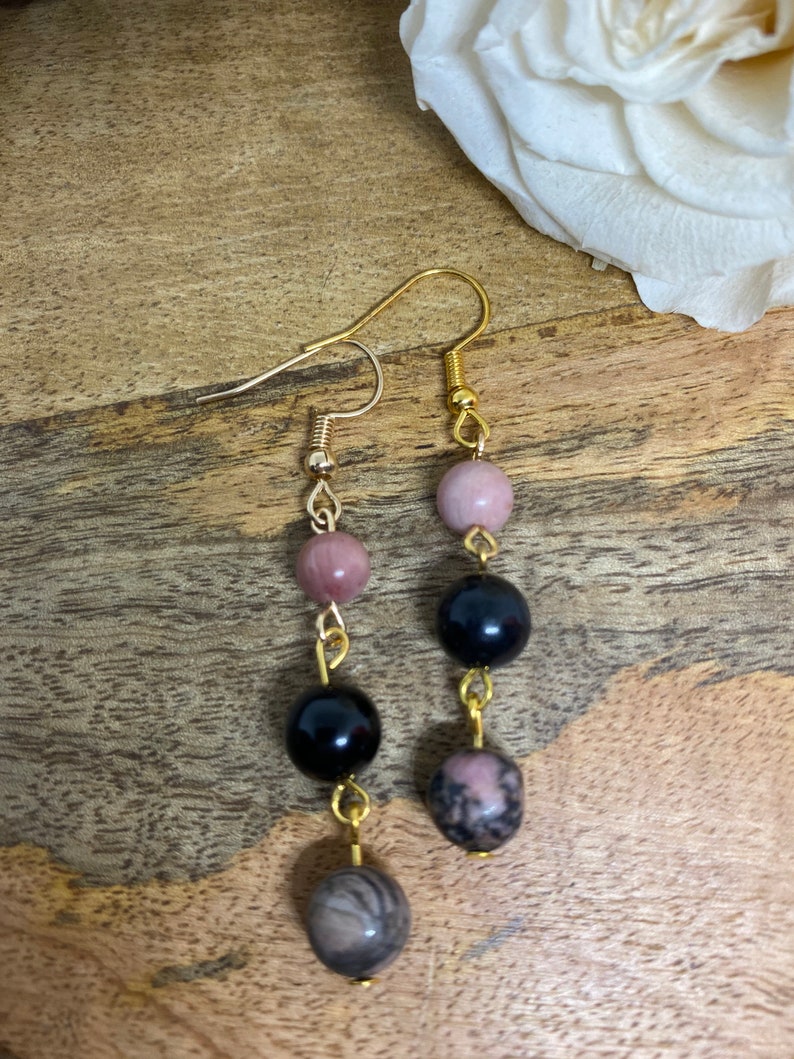 Boucles d'oreilles en pierre naturelle Rhodochrosite, rhodonite et Obsidienne noir