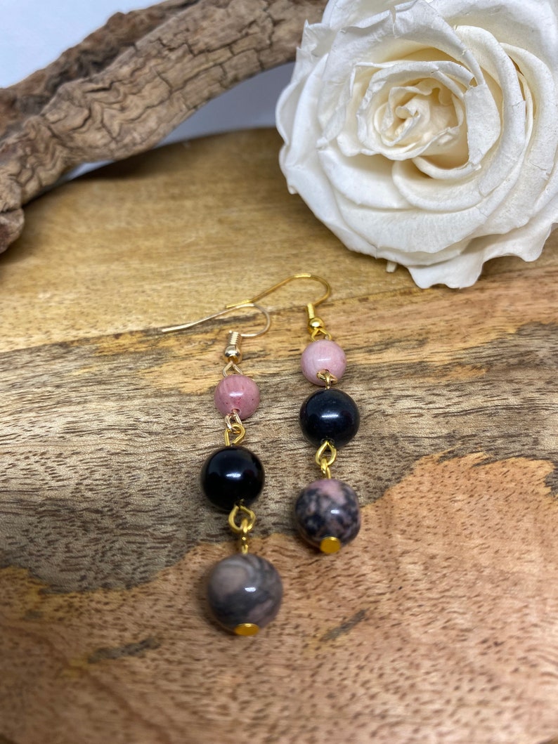 Boucles d'oreilles en pierre naturelle Rhodochrosite, rhodonite et Obsidienne noir