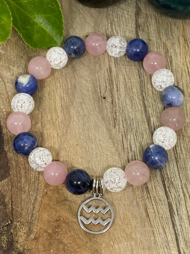 Bracelet élastique en pierres naturelles Cristal de roche, Quartz rose et Sodalite " Spécial Verseau "