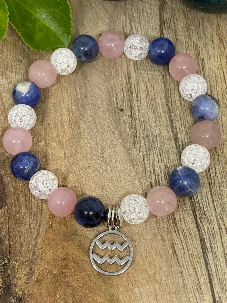 Bracelet élastique en pierres naturelles Cristal de roche, Quartz rose et Sodalite " Spécial Verseau "