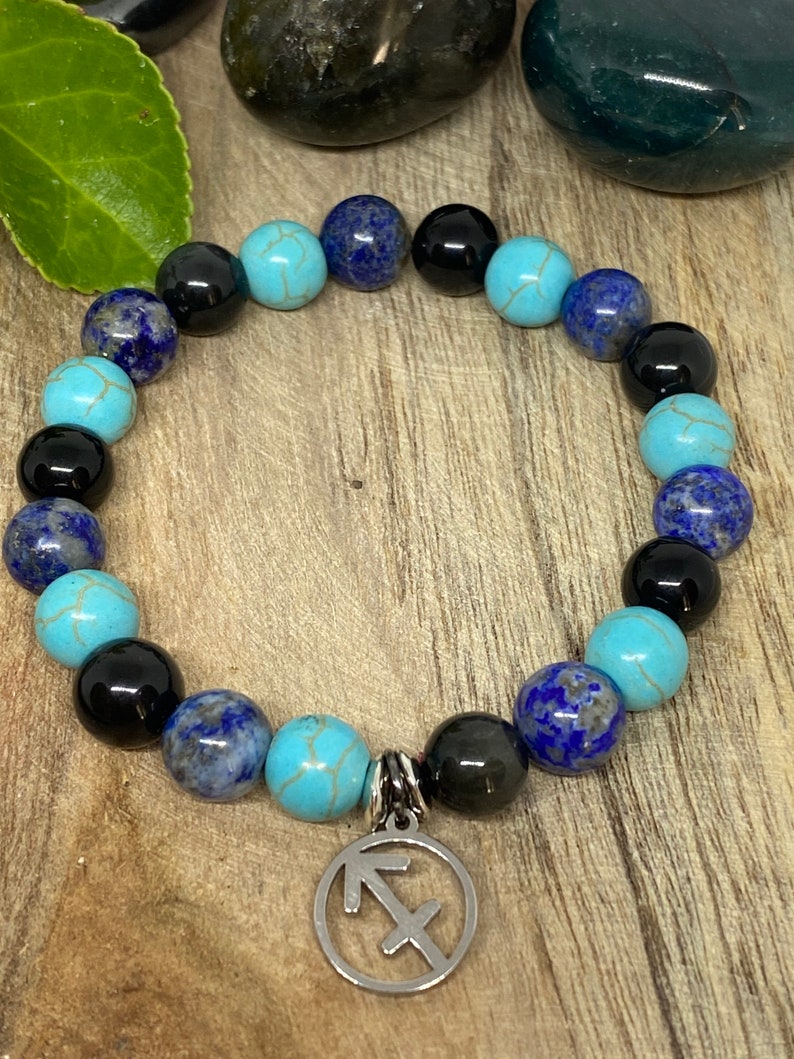 Bracelet en pierres naturelles Obsidienne noir, Turquoise et Lapis Lazuli " Sagittaire "
