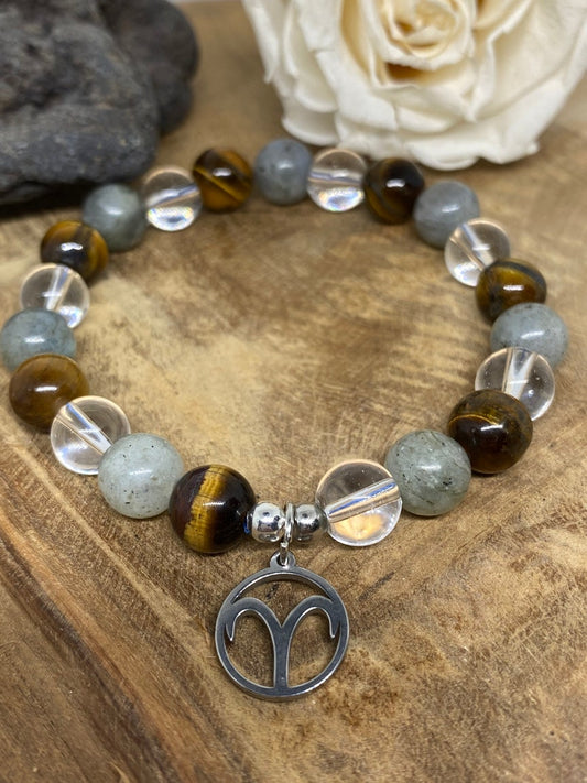 Bracelet élastique en pierres naturelles Cristal de Roche, Œil de tigre et Labradorite " Spécial Bélier "