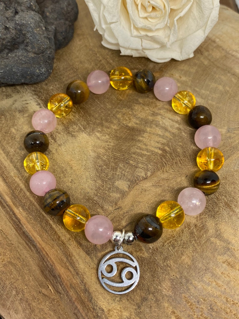 Bracelet élastique en pierres naturelles Œil de tigre, Quartz rose et Citrine" Spécial Cancer "