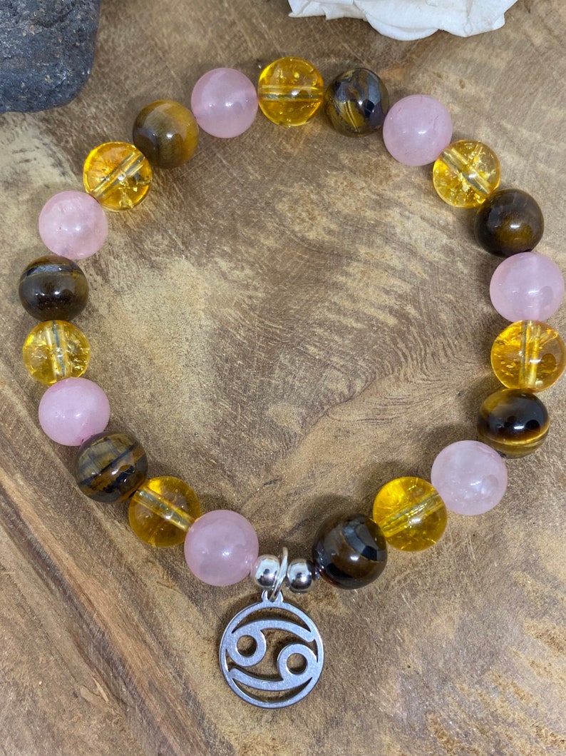 Bracelet élastique en pierres naturelles Œil de tigre, Quartz rose et Citrine" Spécial Cancer "