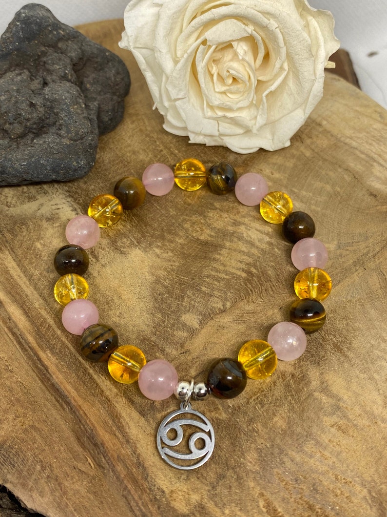 Bracelet élastique en pierres naturelles Œil de tigre, Quartz rose et Citrine" Spécial Cancer "