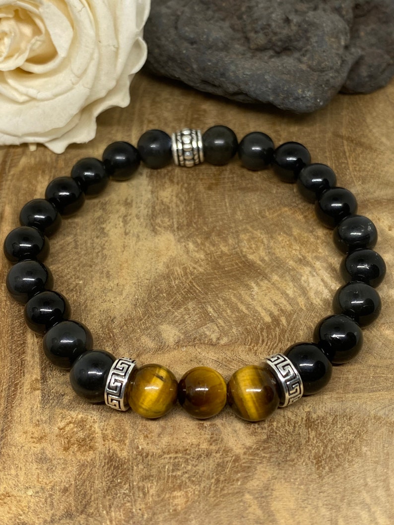 Bracelet homme en pierres naturelles Œil du tigre, Obsidienne