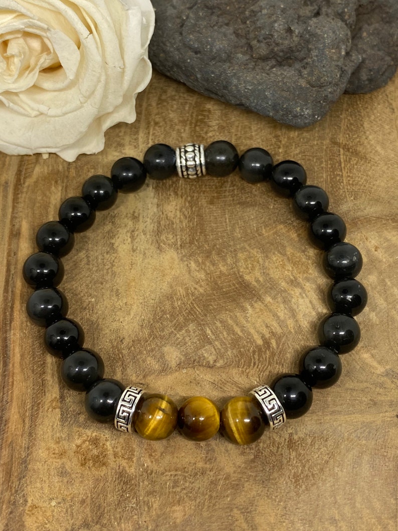 Bracelet homme en pierres naturelles Œil du tigre, Obsidienne