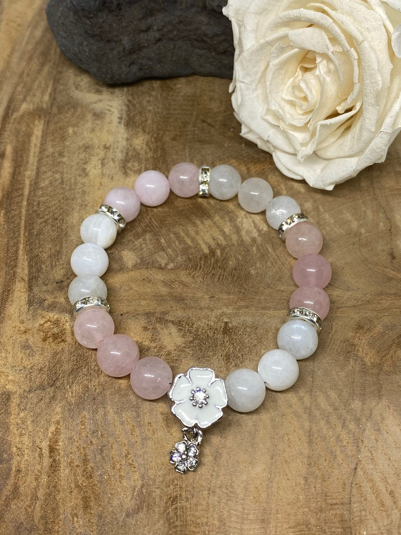 Bracelet en pierres naturelles Pierre de lune et Quartz rose