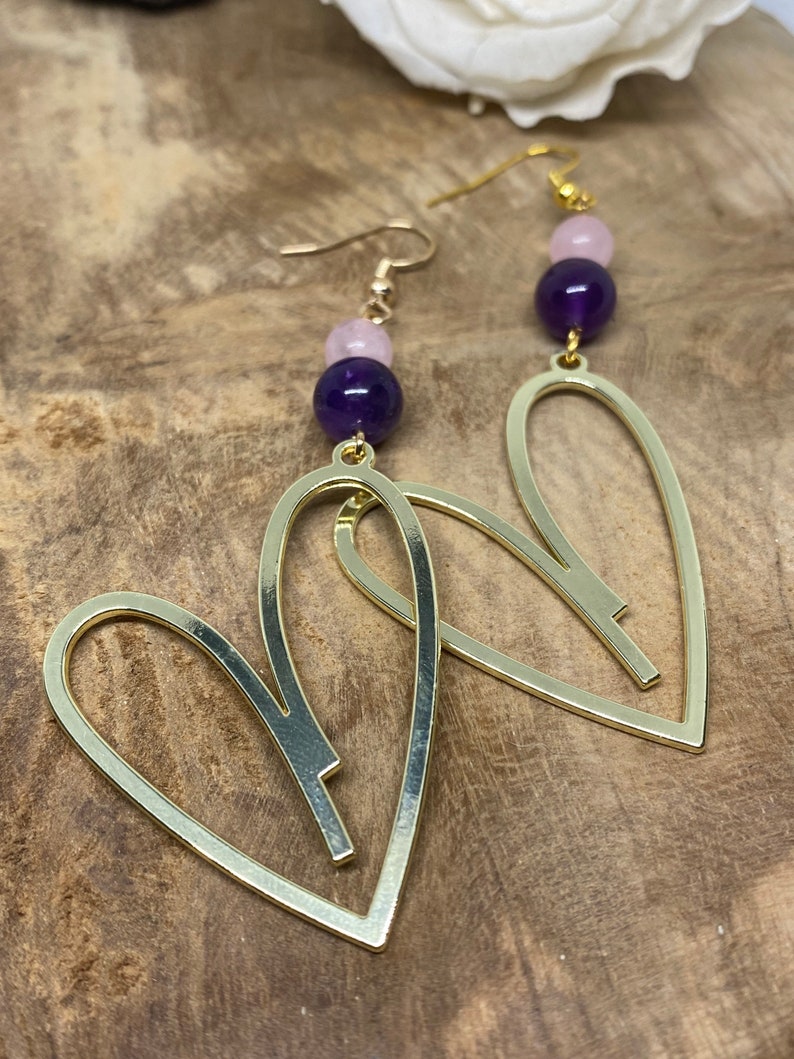 Boucles d'oreilles en pierre naturelle Améthyste et Quartz rose