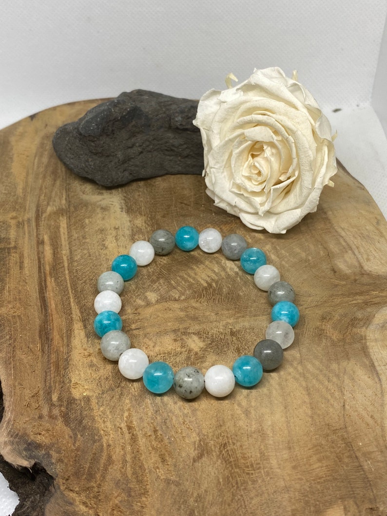 Bracelet Lithothérapie en pierres naturelles Amazonite, Pierre de lune et Labradorite