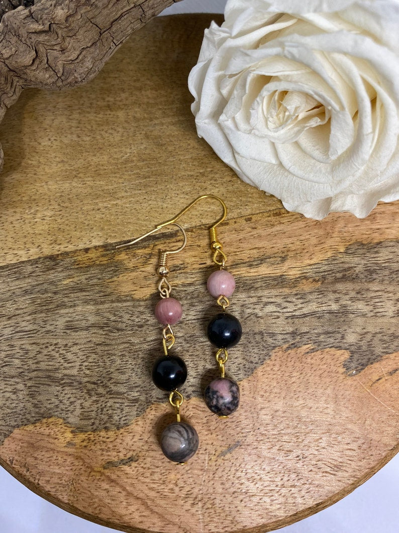 Boucles d'oreilles en pierre naturelle Rhodochrosite, rhodonite et Obsidienne noir