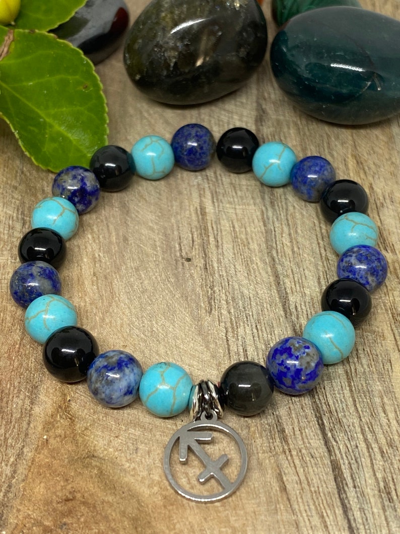 Bracelet en pierres naturelles Obsidienne noir, Turquoise et Lapis Lazuli " Sagittaire "