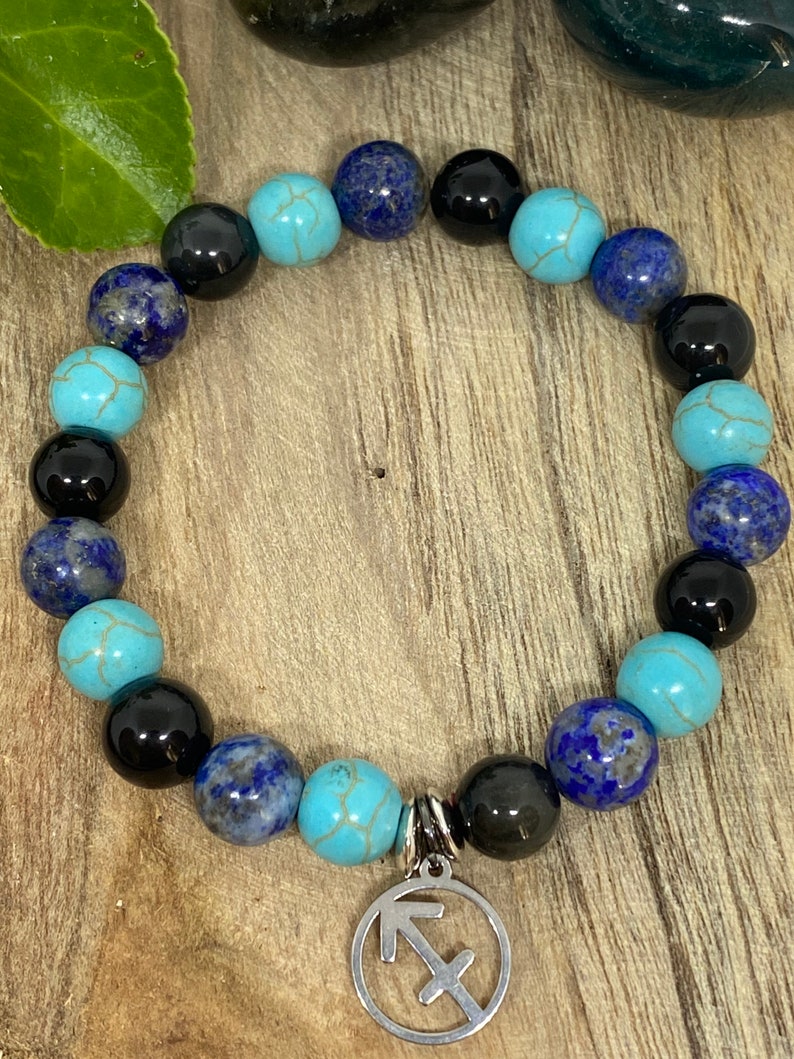 Bracelet en pierres naturelles Obsidienne noir, Turquoise et Lapis Lazuli " Sagittaire "