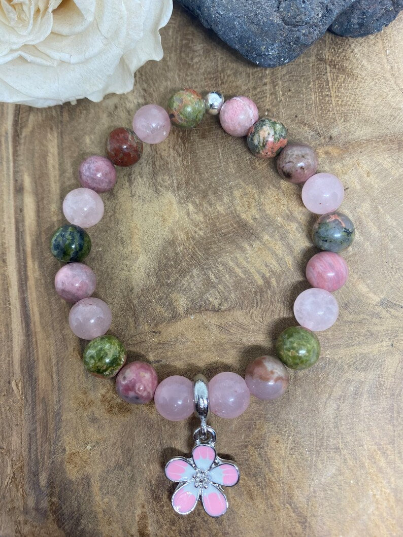 Bracelet pierres naturelles en Unakite , Quartz rose et Rhodochrosite