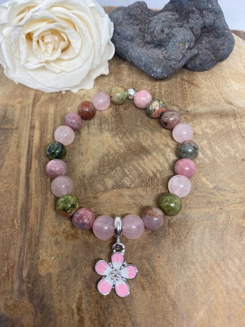 Bracelet pierres naturelles en Unakite , Quartz rose et Rhodochrosite