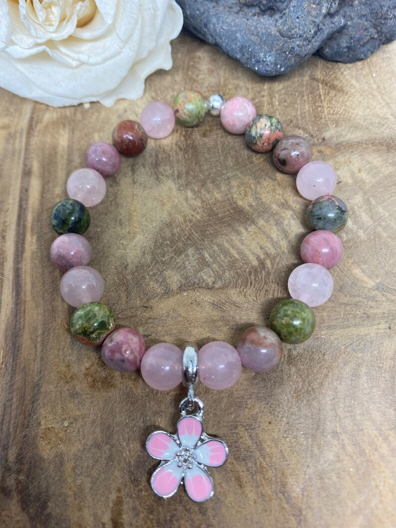 Bracelet pierres naturelles en Unakite , Quartz rose et Rhodochrosite