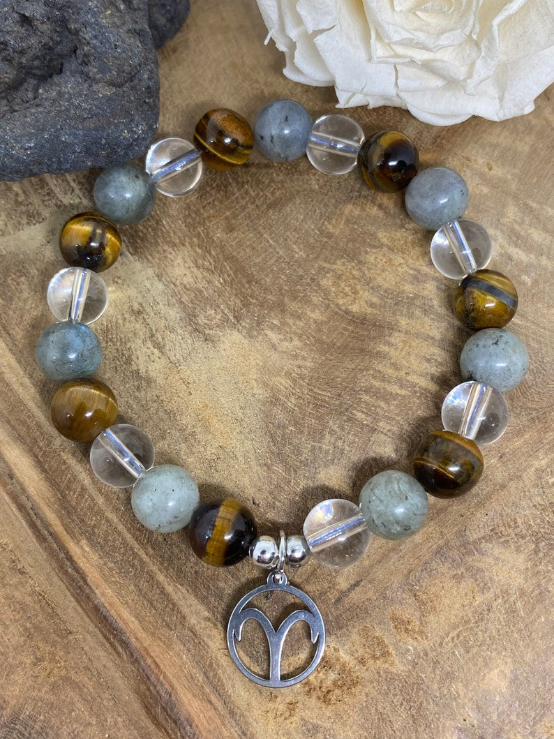 Bracelet élastique en pierres naturelles Cristal de Roche, Œil de tigre et Labradorite " Spécial Bélier "