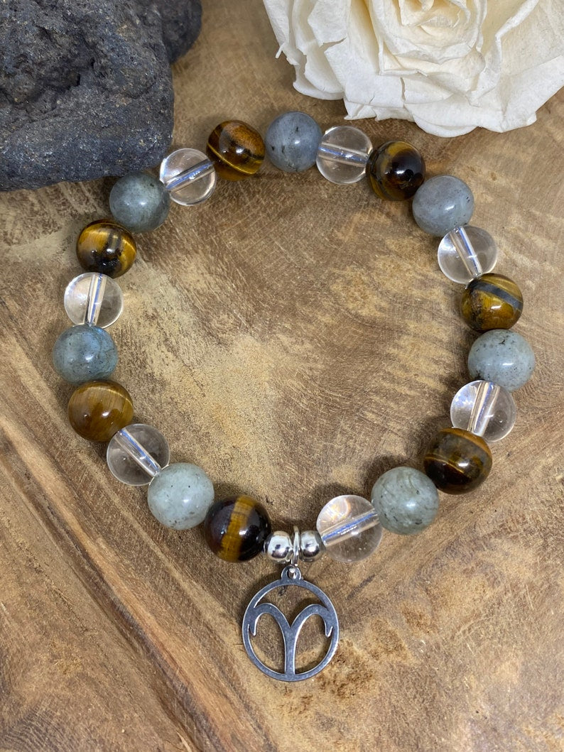 Bracelet élastique en pierres naturelles Cristal de Roche, Œil de tigre et Labradorite " Spécial Bélier "