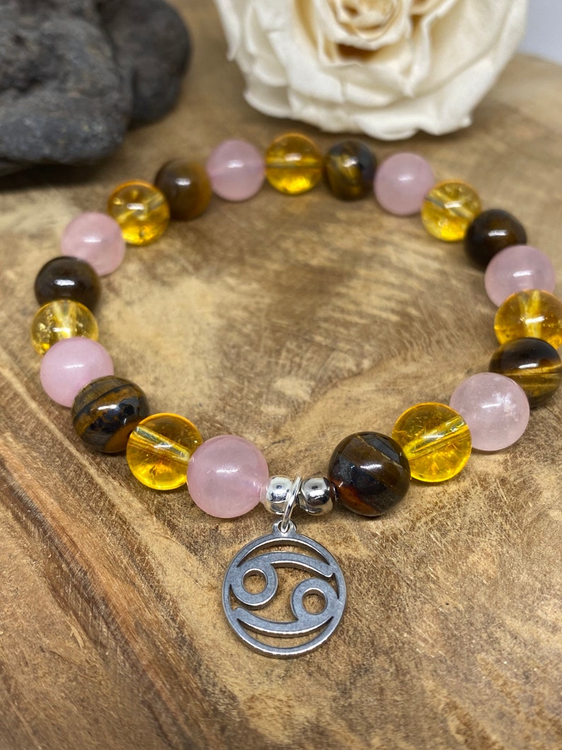 Bracelet élastique en pierres naturelles Œil de tigre, Quartz rose et Citrine" Spécial Cancer "