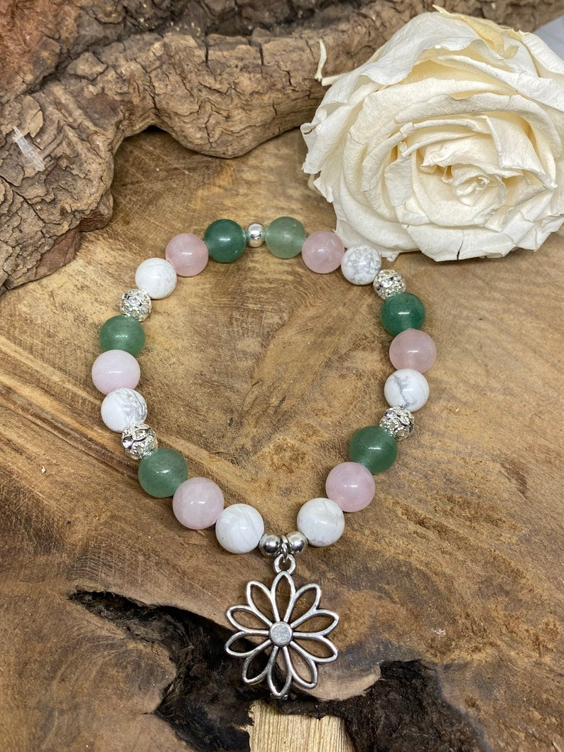 Bracelet en pierres naturelles Aventurine, Quartz Rose, Howlite " sérénité "