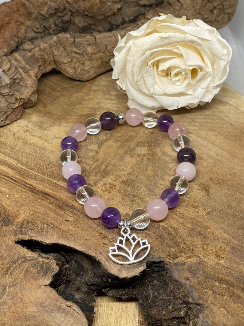 Bracelet en pierres naturelles Améthyste, Quartz rose et Cristal de roche