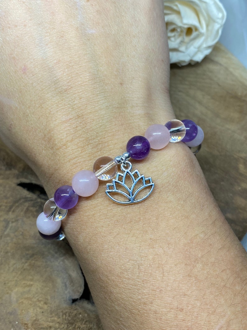 Bracelet en pierres naturelles Améthyste, Quartz rose et Cristal de roche