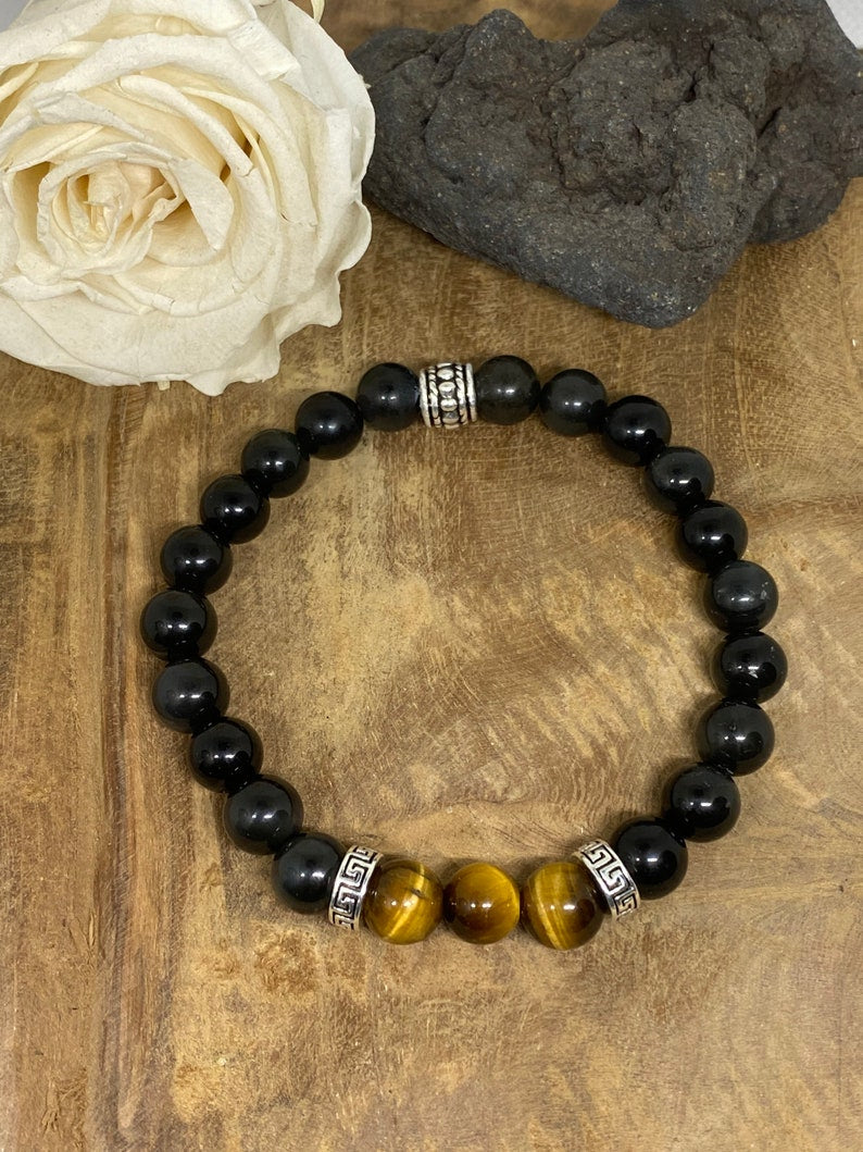Bracelet homme en pierres naturelles Œil du tigre, Obsidienne