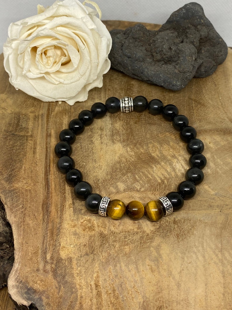 Bracelet homme en pierres naturelles Œil du tigre, Obsidienne