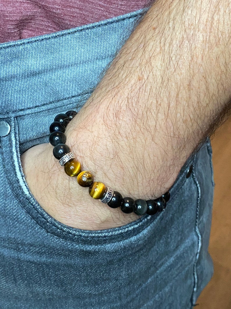 Bracelet homme en pierres naturelles Œil du tigre, Obsidienne