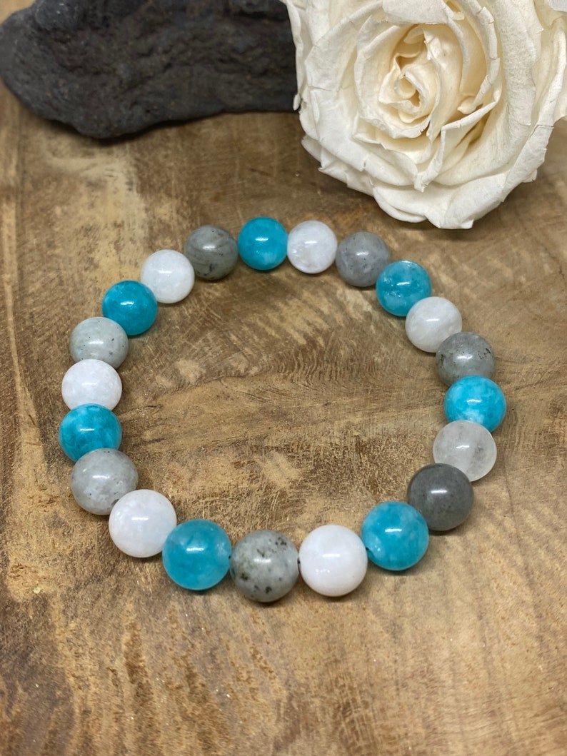 Bracelet Lithothérapie en pierres naturelles Amazonite, Pierre de lune et Labradorite