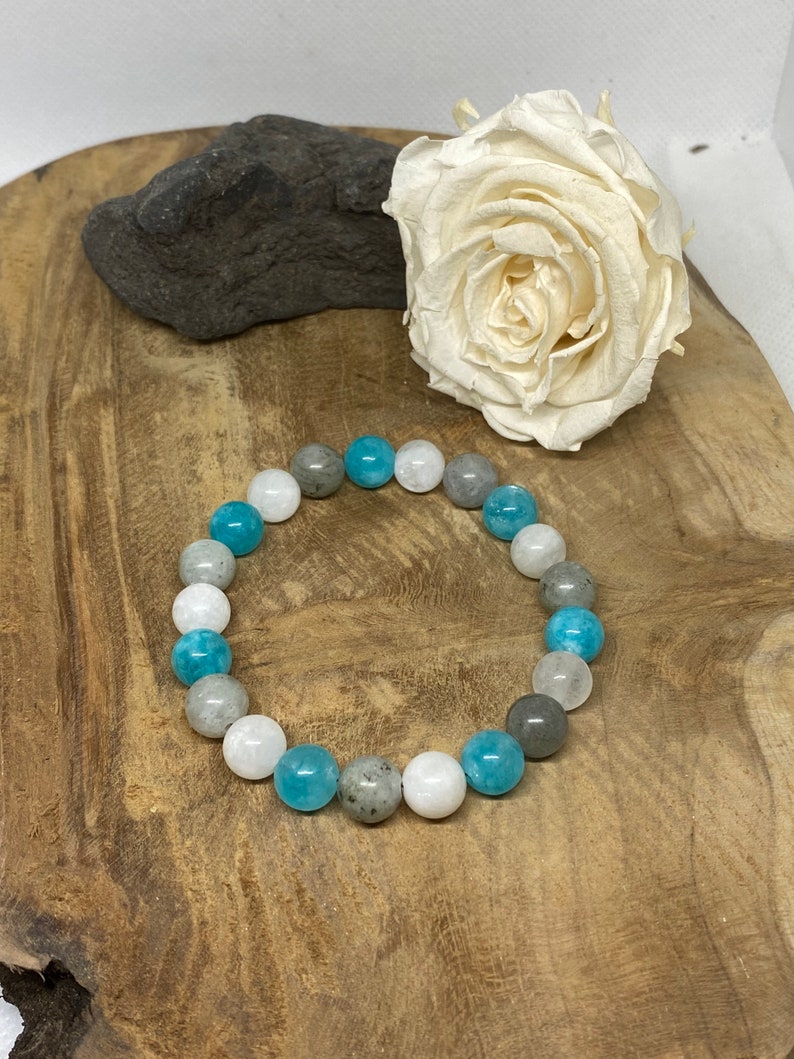 Bracelet Lithothérapie en pierres naturelles Amazonite, Pierre de lune et Labradorite