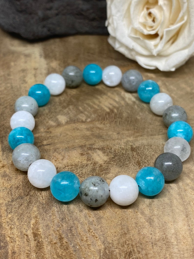 Bracelet Lithothérapie en pierres naturelles Amazonite, Pierre de lune et Labradorite