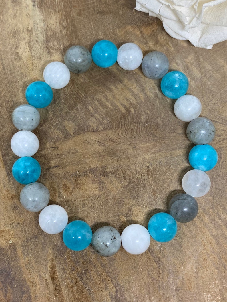 Bracelet Lithothérapie en pierres naturelles Amazonite, Pierre de lune et Labradorite