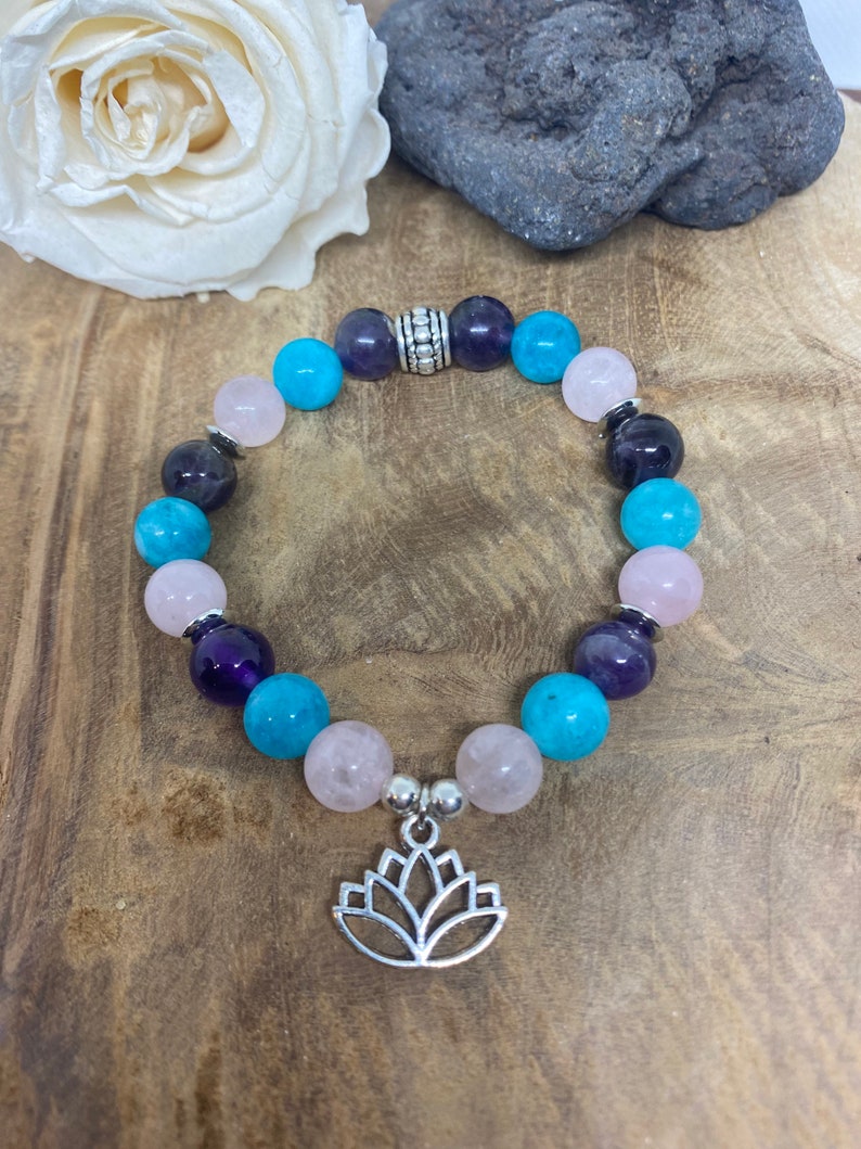 Bracelet en pierres naturelles Améthyste, Quartz rose et Amazonite