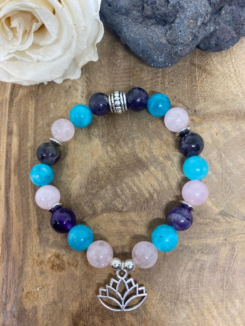 Bracelet en pierres naturelles Améthyste, Quartz rose et Amazonite