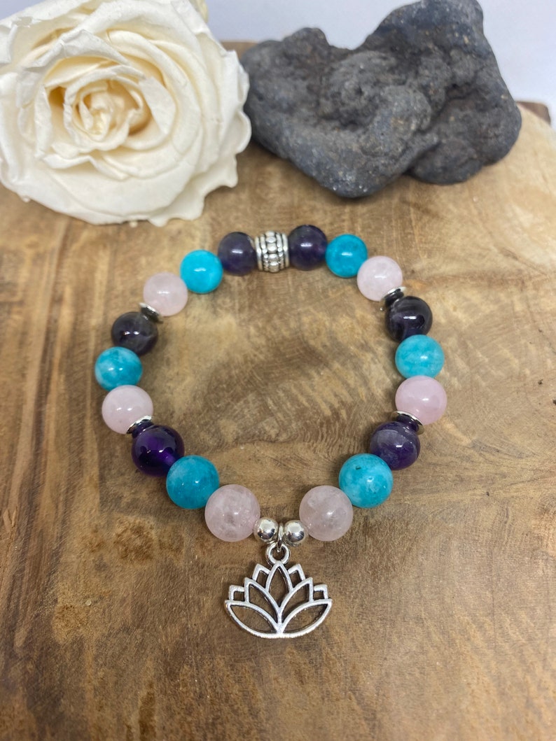 Bracelet en pierres naturelles Améthyste, Quartz rose et Amazonite