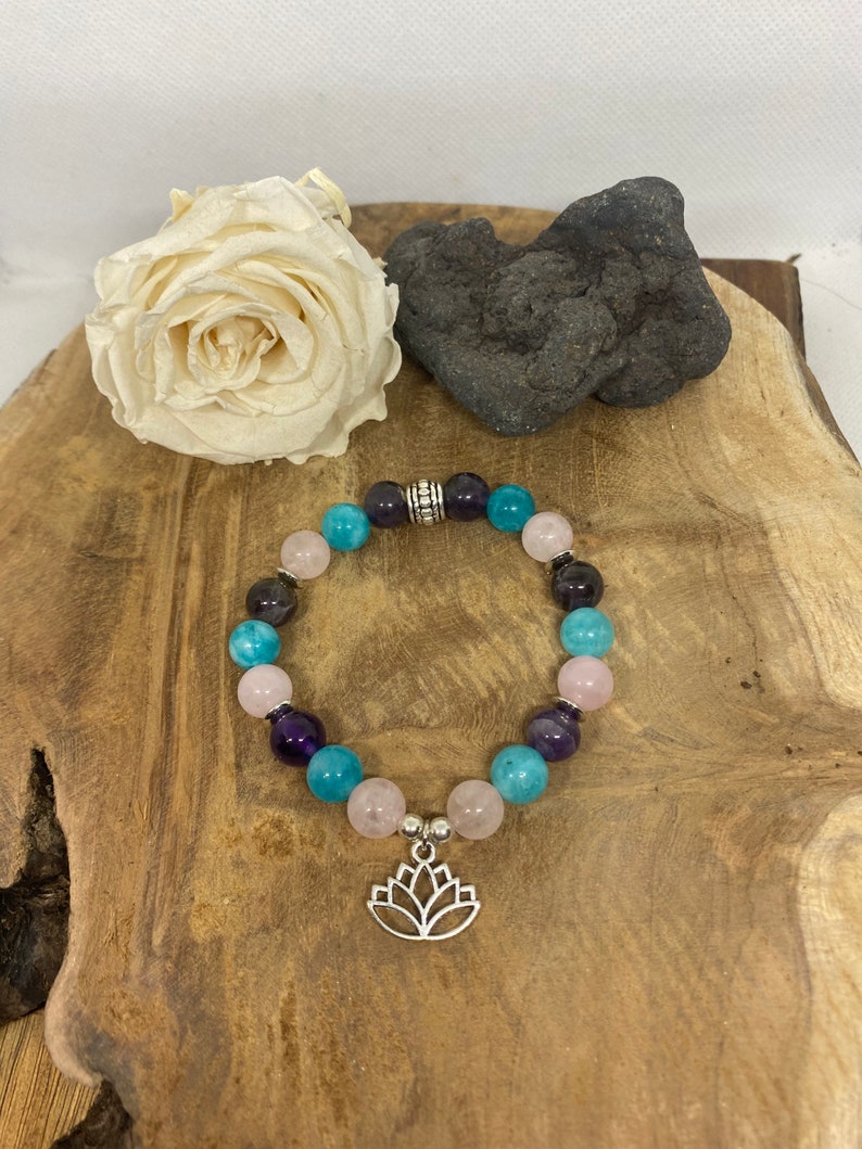 Bracelet en pierres naturelles Améthyste, Quartz rose et Amazonite