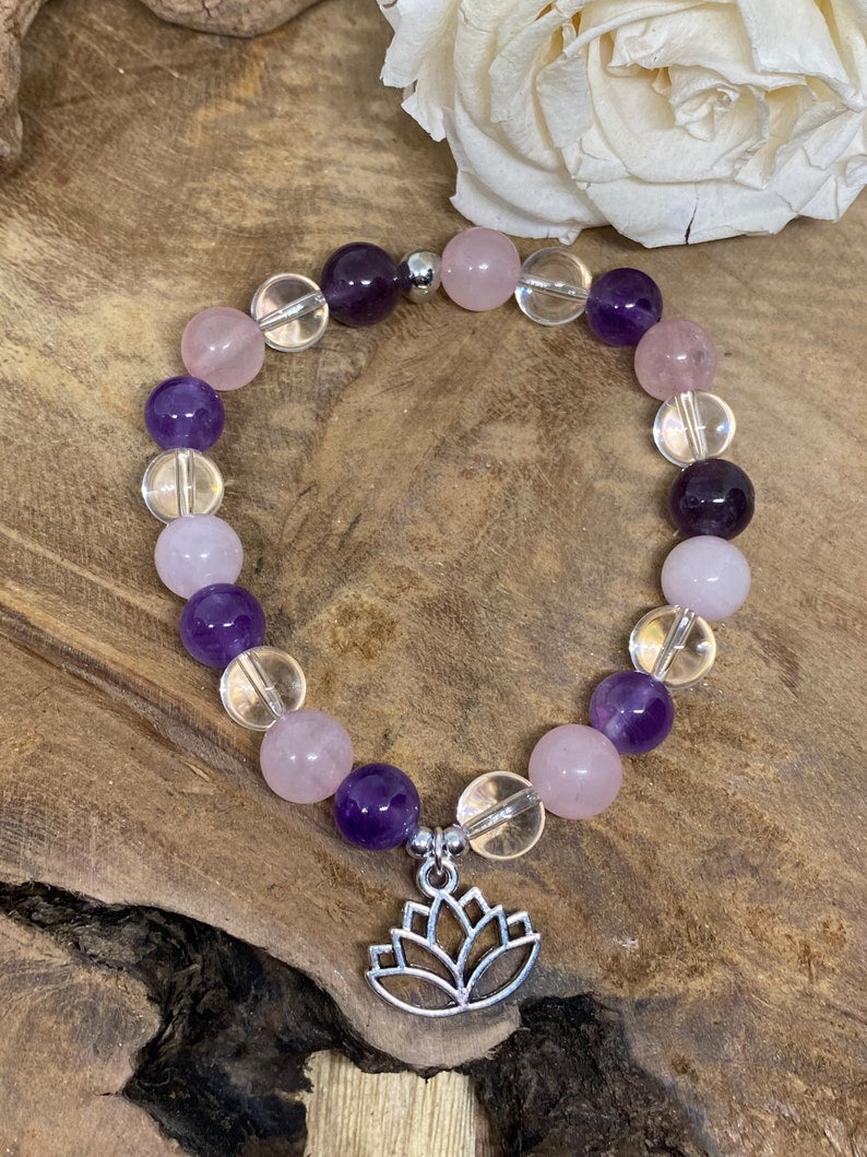 Bracelet en pierres naturelles Améthyste, Quartz rose et Cristal de roche