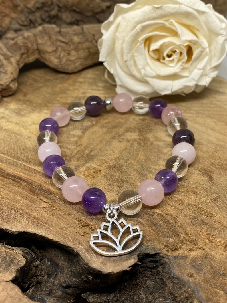Bracelet en pierres naturelles Améthyste, Quartz rose et Cristal de roche
