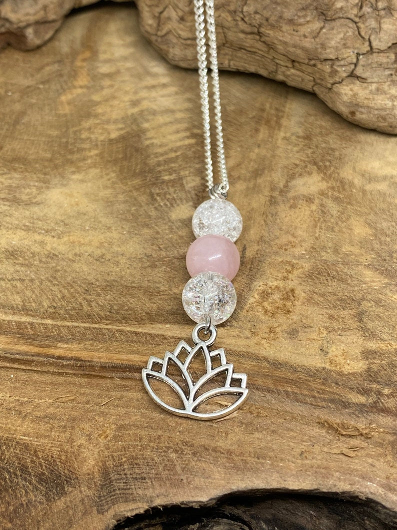Collier en acier inoxydable en pierres naturelles Quartz rose et Cristal de roche